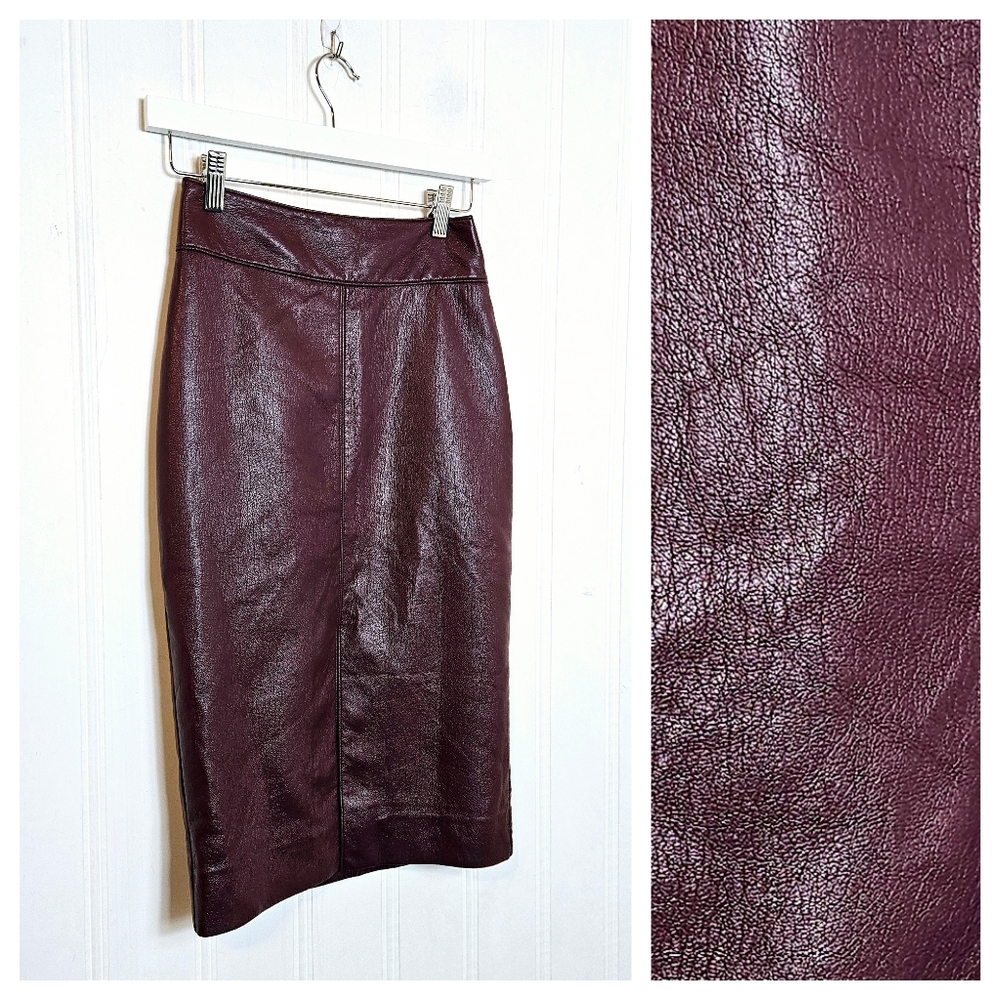 Aritzia Babaton Faux Leather Midi Pencil Skirt Size 0 Burgundy Office Siren Slit